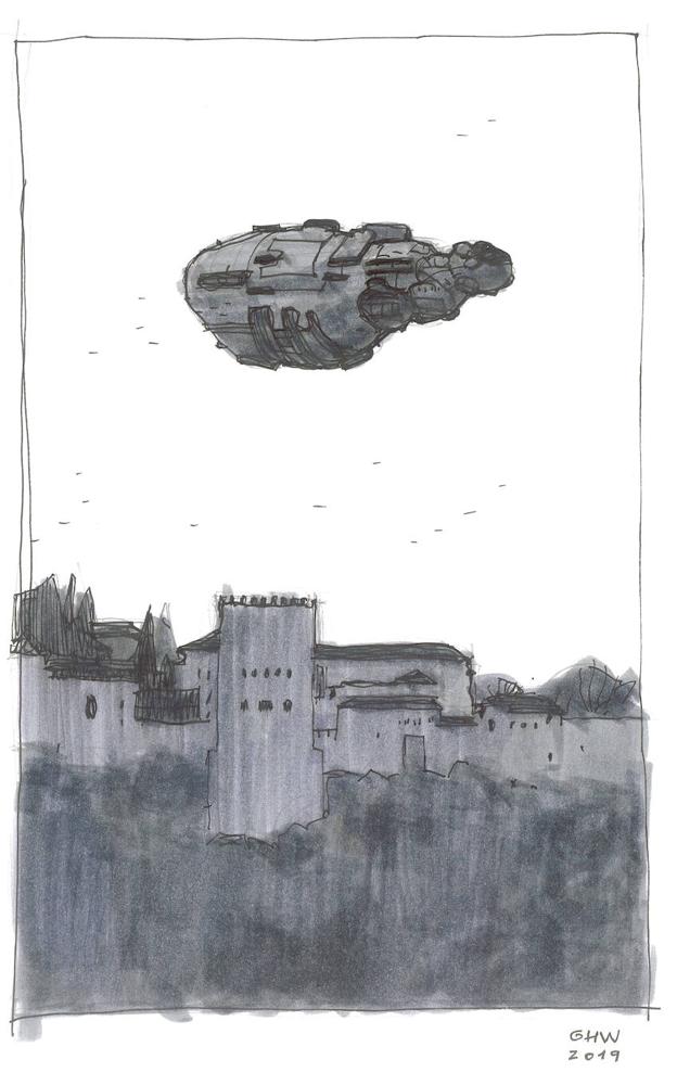 El dibujo de Walta, al finalizar la entrevista, la USS Montgomery sobre La Alhambra.