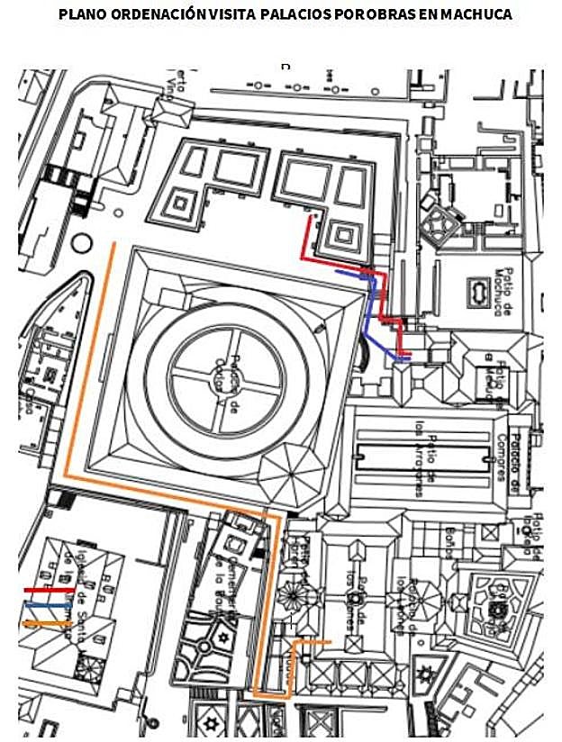 Las líneas rojas y azul son la nueva vía para el acceso de entradas individuales y colectivas; la línea naranja, la nueva ruta para personas con movilidad reducida. 