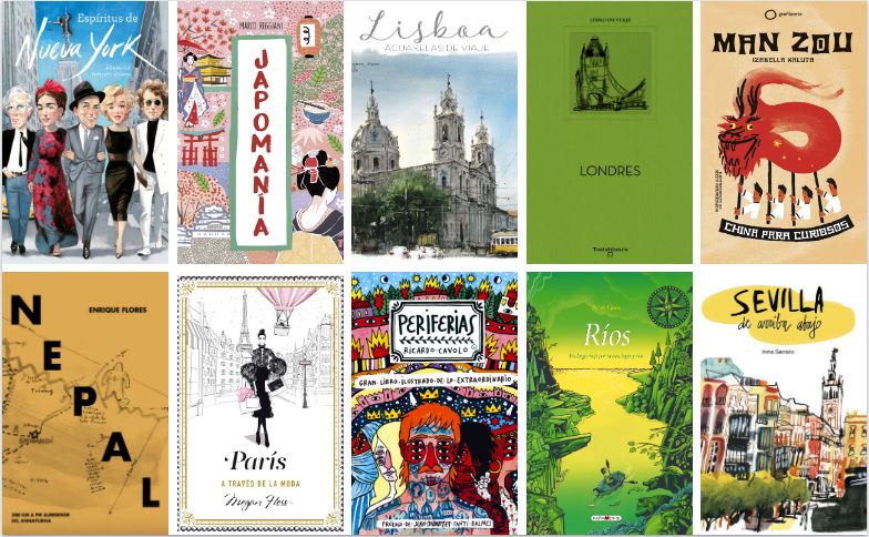 Portadas de 10 libros ilustrados sobre viajes.