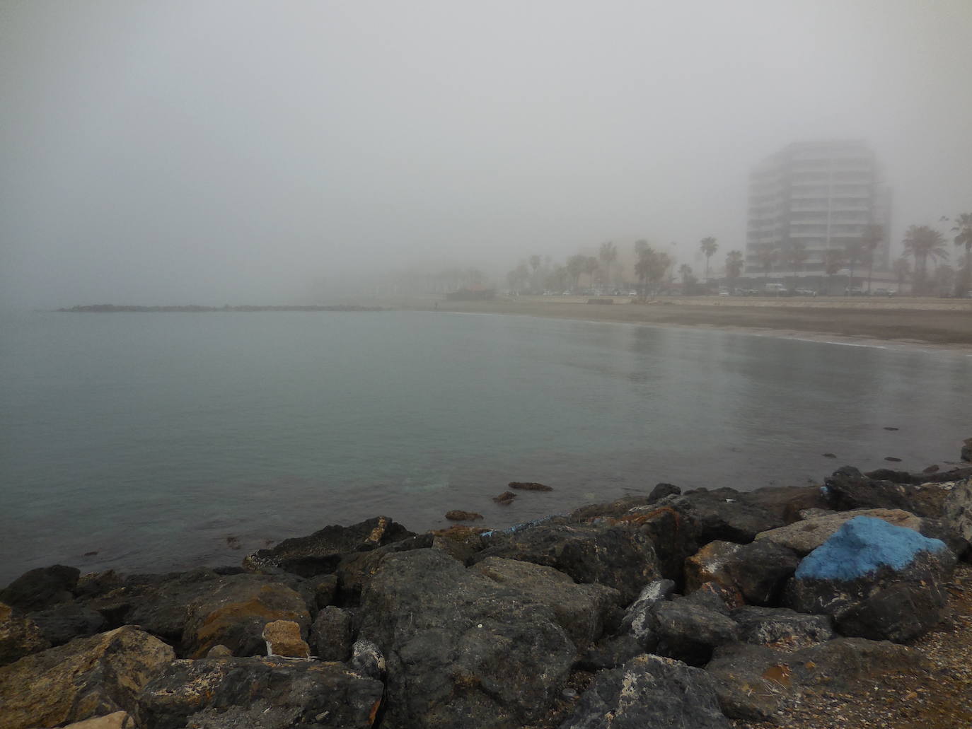 La niebla ha convertido a Almería en una ciudad fantasma y húmeda y ha dejado algunas imágenes como las proporcionadas por Rocío García Muñoz, espectaculares. 