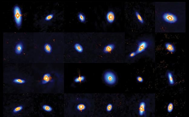 ALMA y el VLA observaron más de trescientas protoestrellas y sus discos protoplanetarios jóvenes en Orión. Esta imagen muestra un subconjunto de estrellas, incluidos algunas binarias. Los datos de ALMA y VLA se complementan entre sí: ALMA ve la estructura del disco externo (en azul), y el VLA observa los discos internos y los núcleos estelares (naranja).