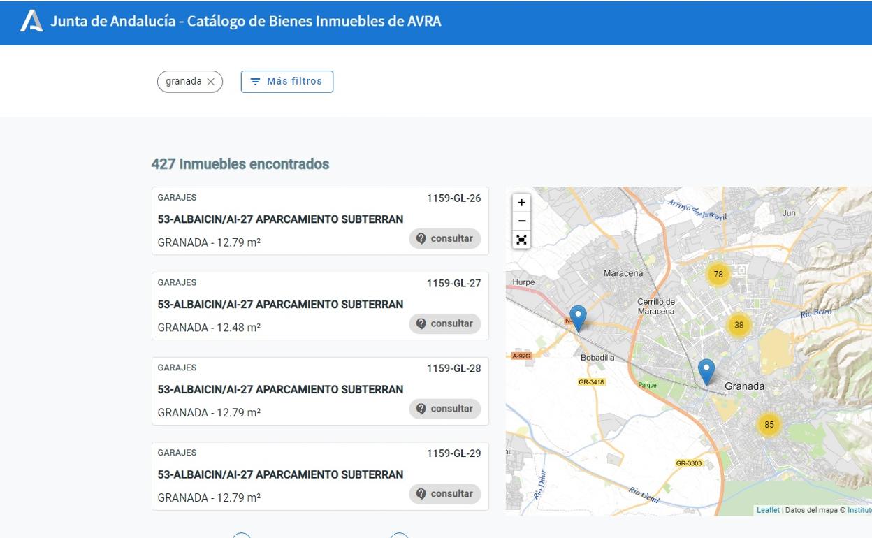 Página web habilitada por la Junta para vender propiedades de Granada. 