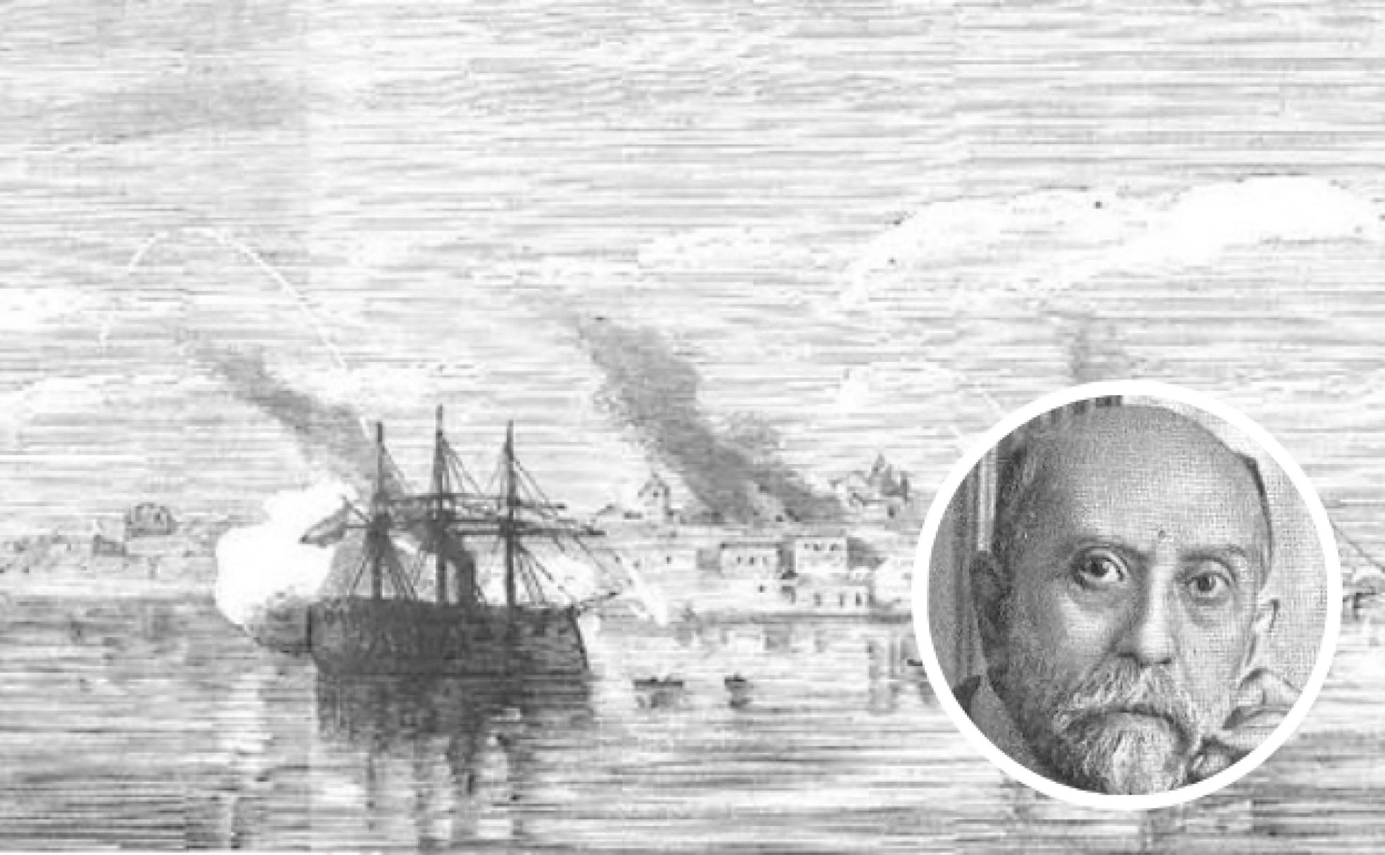 Dibujo publicado por el diario La Ilustración Española y Americana acerca del bombardeo de la flota del Cantón de Cartagena sobre la ciudad de Almería el 30 de julio de 1874