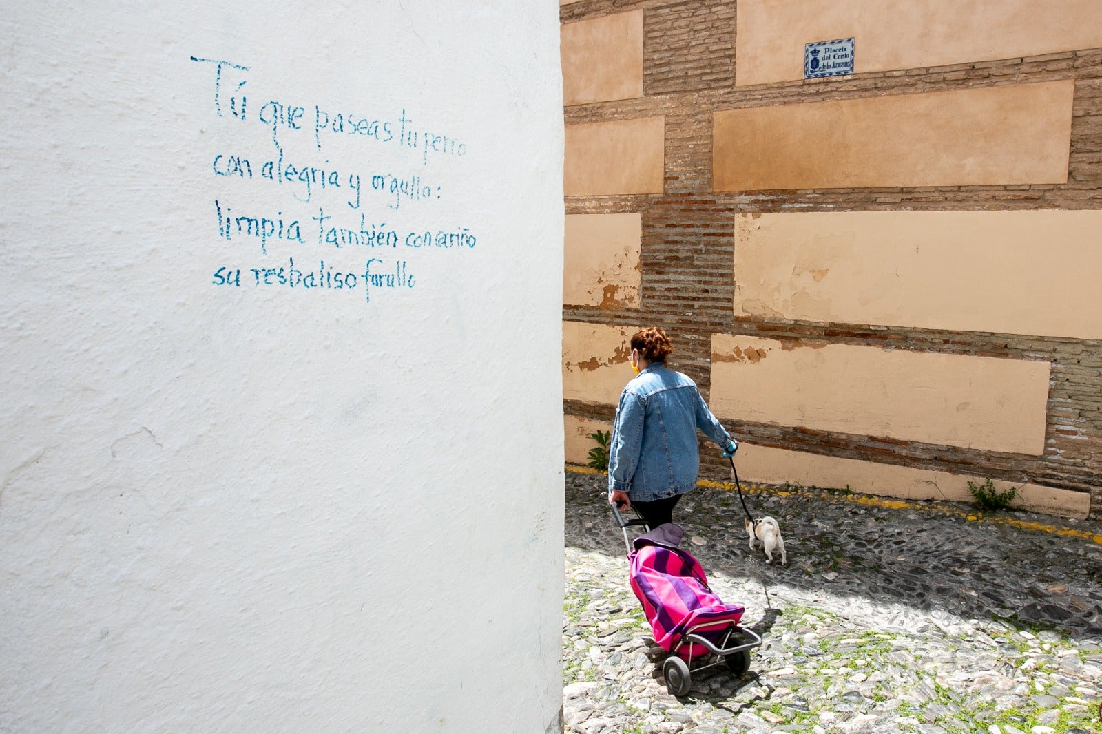 Diferentes poemas en las paredes del barrio recuerdan a los dueños de los canes la importancia de recoger sus heces