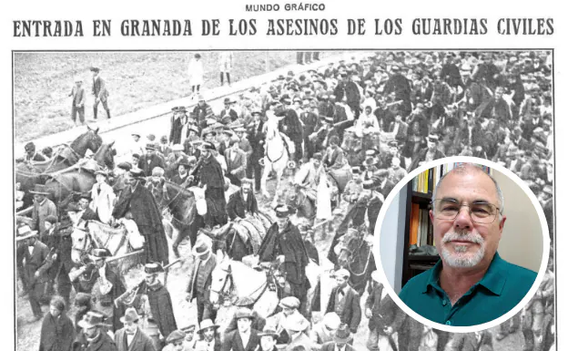 Recorte de prensa del diario Mundo Gráfico, de noviembre de 1919; la entrada de los asesinos en Granada. Y José Soto, el autor de la novela. 