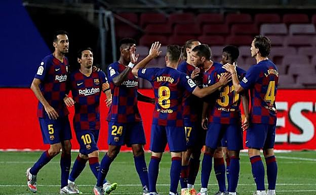 Los jugadores del Barça celebran el gol de Ansu Fati al Leganés. 