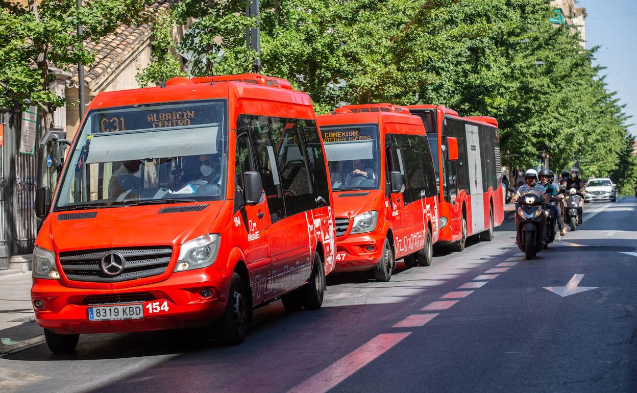 Los autobuses que conectan el Albaicín, el Centro y la Alhambra, parados en Gran Vía. 