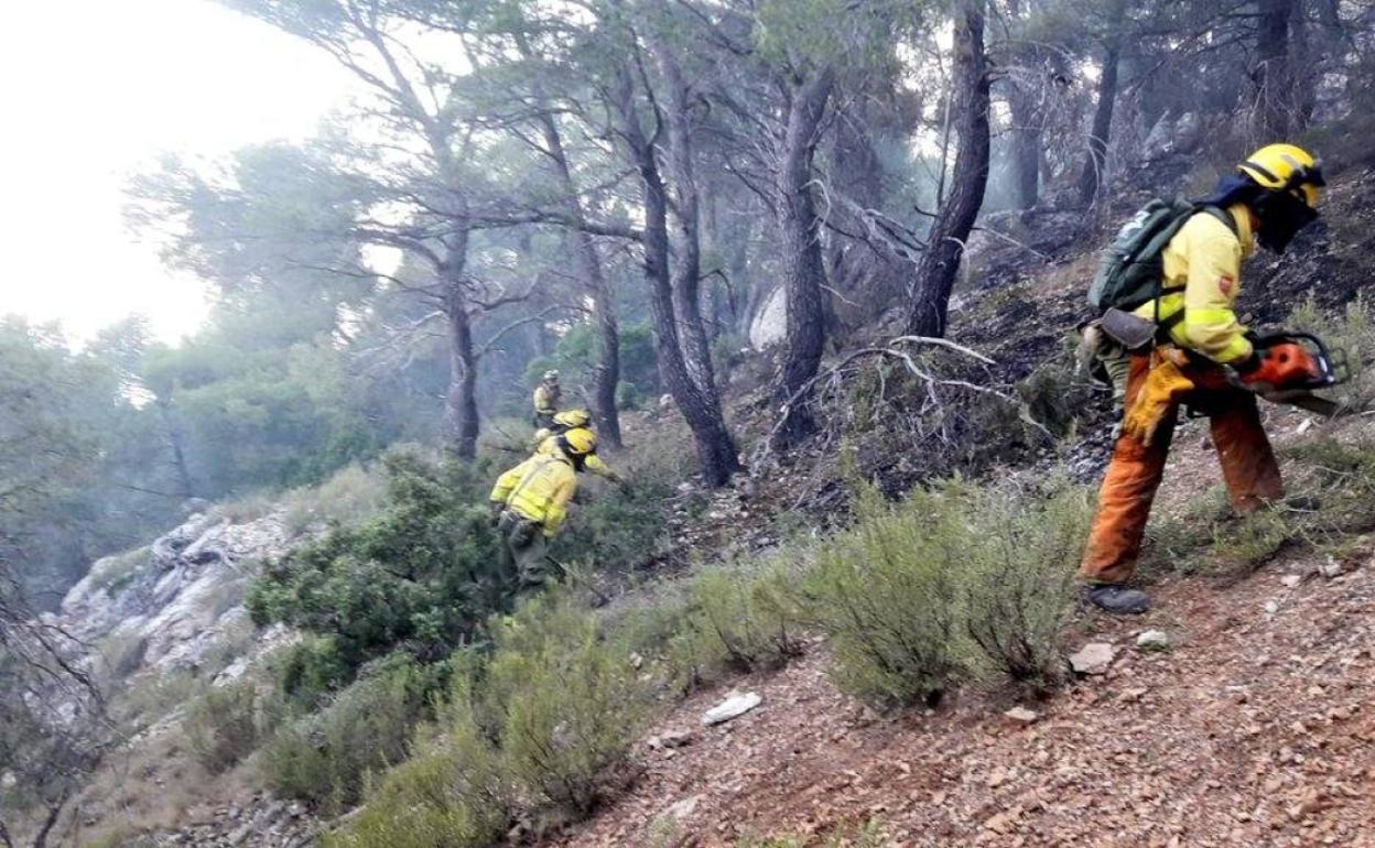 Actuación de los bomberos en uno de los montes afectados. 