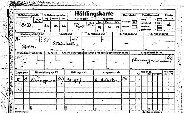 Ficha de entrada a Neuengamme.