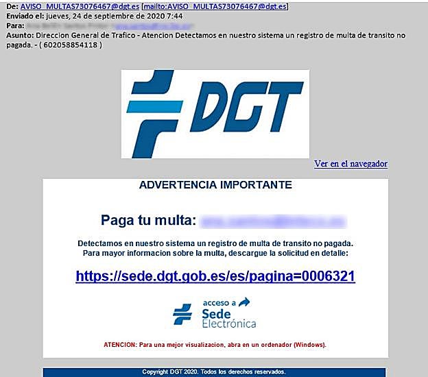 Correo fraudulento que avisa de la supuesta multa
