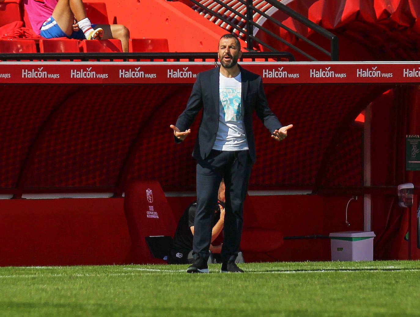 Diego Martínez exige intensidad a sus futbolistas durante el derbi andaluz en Los Cármenes. 