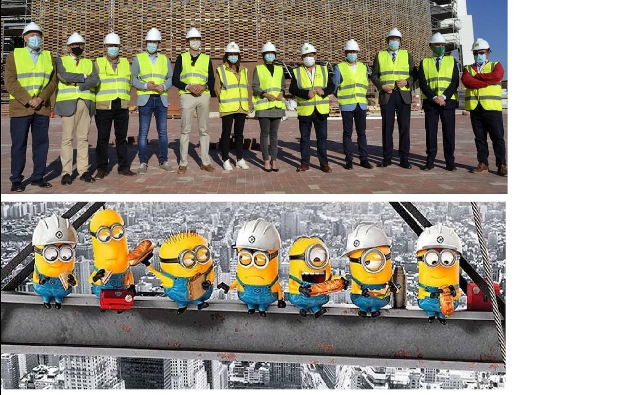 Arriba, visita a las obras del Olivo Arena, y abajo, los 'minions'. 