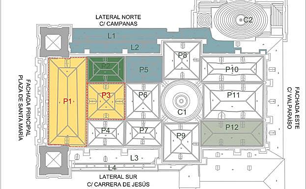 En blanco, los pabellones del tejado de la Catedral pendientes de rehabilitar. 