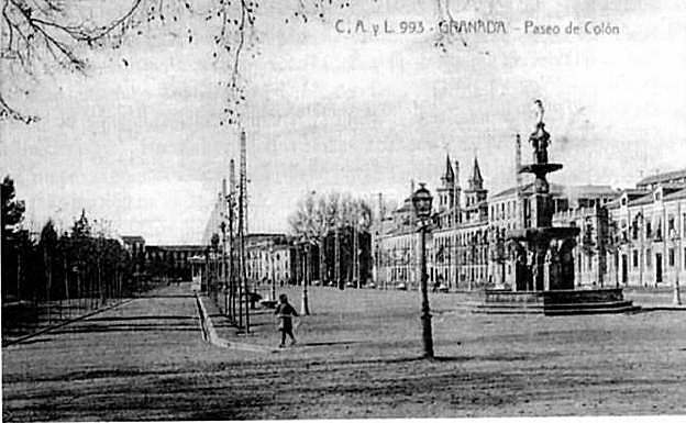 Fuente de los Gigantones y el Paseo del Salón, también llamado Paseo de Colón en una imagen de 1910. 