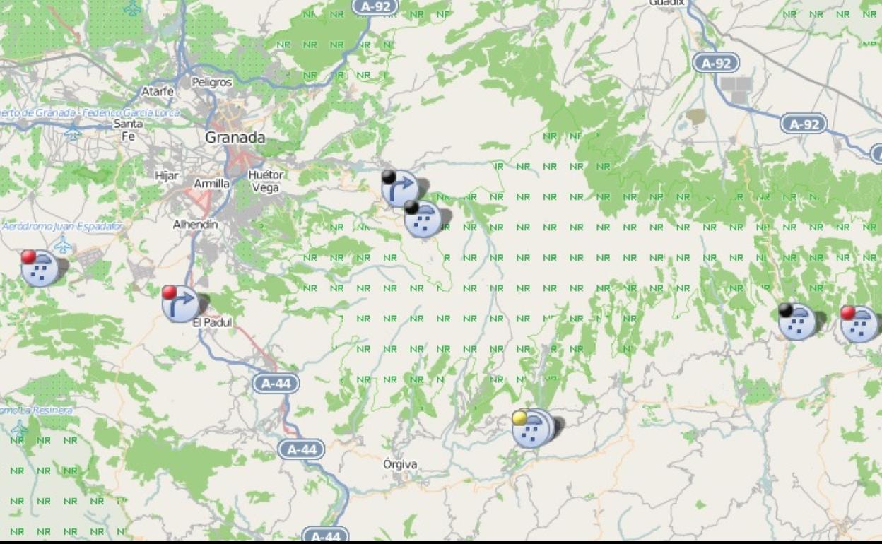 Mapa de la DGT con las vías de Granada afectadas. 