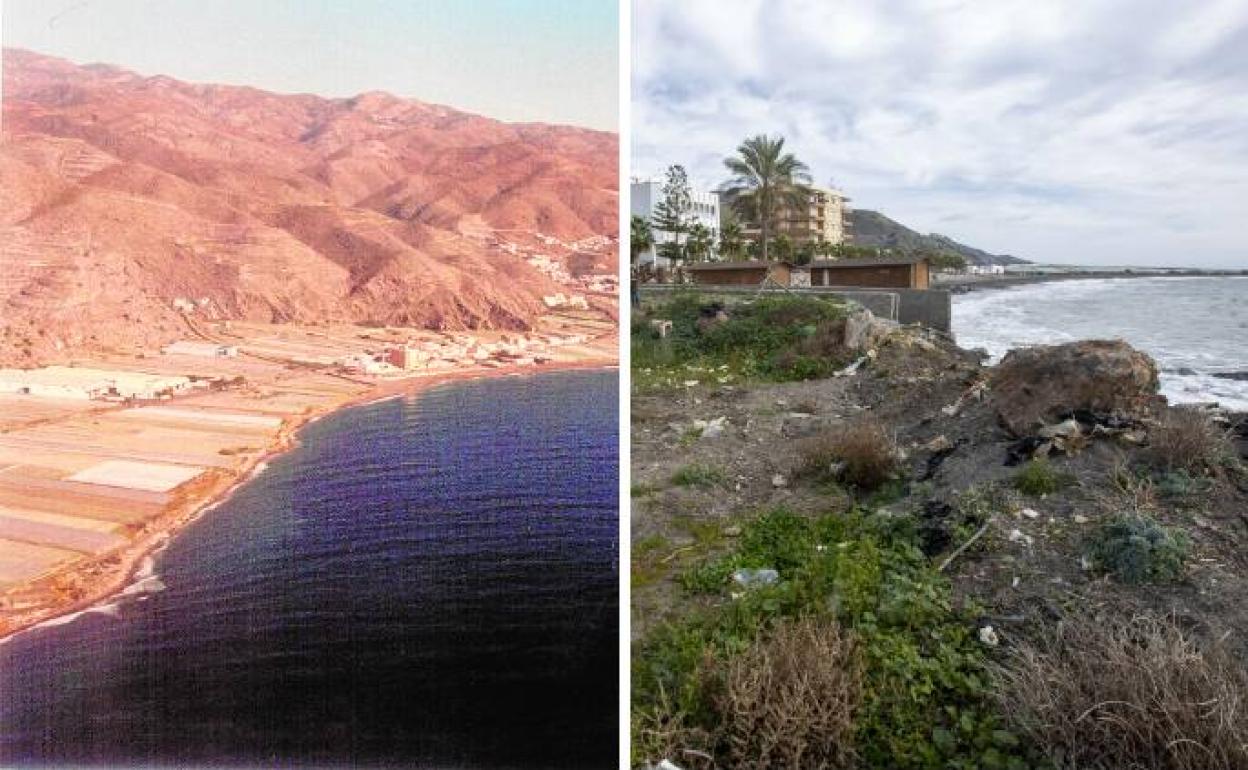 Las playas de Albuñol en 1995 , cuando un centenar de invernaderos ocupaban la primera línea, y en 2018