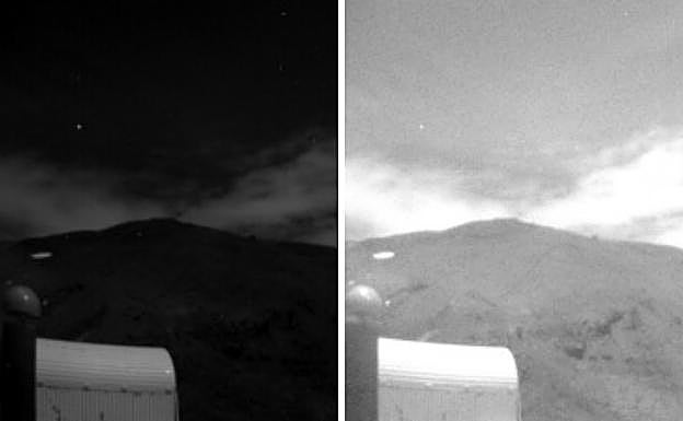 A la izquierda, se ve el aspecto que tenía la sierra justo antes de que apareciese la bola de fuego. A la derecha, se ve la sierra iluminada en el instante en el que la bola de fuego apareció sobre Madrid.