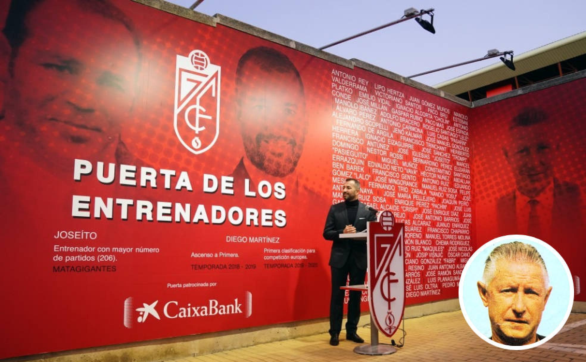Diego Martínez comparte rincón con Jeno Kalmar y otros entrenadores ilustres del Granada una puerta homenaje. 