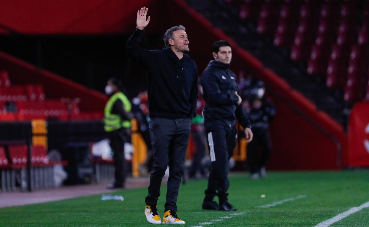 Luis Enrique da instrucciones a su equipo desde la banda del Nuevo Los Cármenes. 