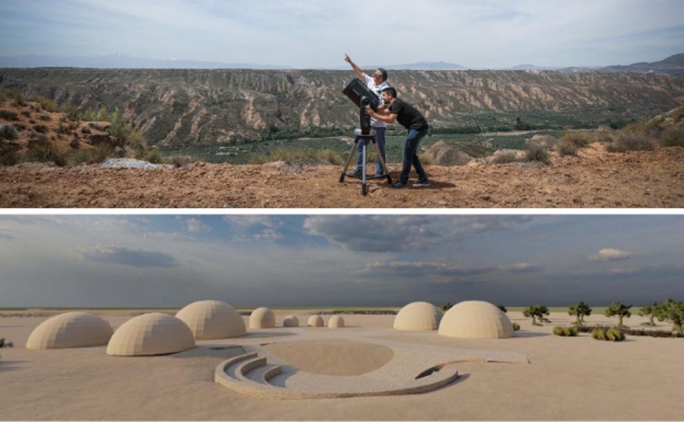 Miguel Gil y Miguel Ángel Pugnaire observan el cielo de Gorafe y una infografía de cómo quedará el Complejo Astronómico Los Coloraos. 