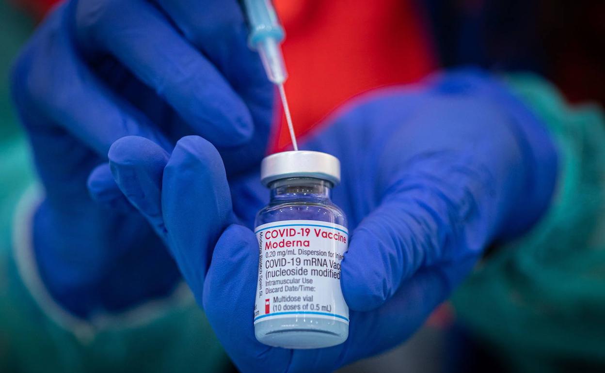 Un sanitario prepara la dosis de la vacuna de Moderna para inyectarla. 