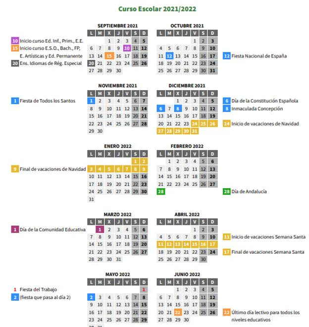 Calendario escolar 2021-22 de Cádiz.