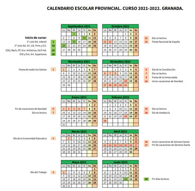 Calendario escolar 2021-22 de Granada.