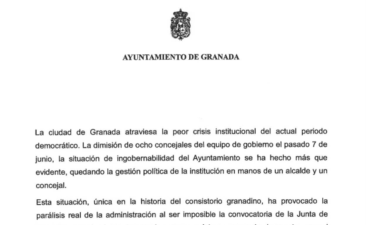 El texto de la moción de censura a Luis Salvador que plantea el PSOE de Granada