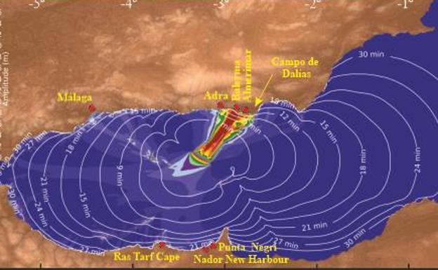 Modelo de impacto de un posible tsunami generado por los movimientos de la falla de Averroes. 