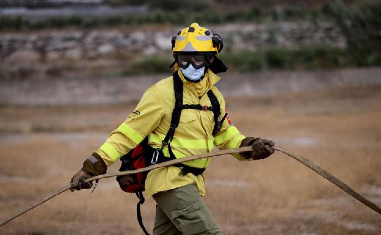 Un bombero del Infoca durante la extinción de un fuego. 