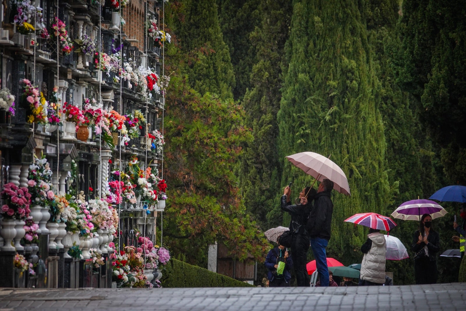 Los granadinos acuden al cementerio con flores en el día de Todos los Santos.