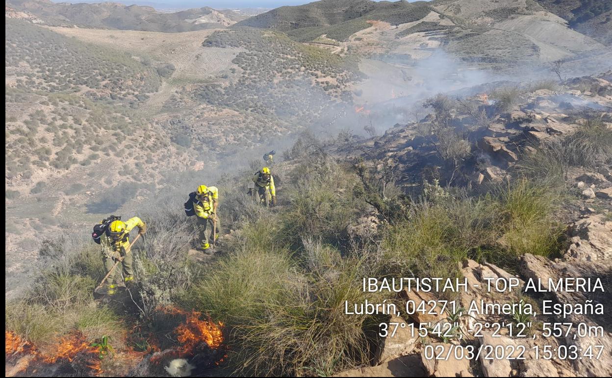 Bomberos forestales trabajan en la extinción del incendio de Lubrín