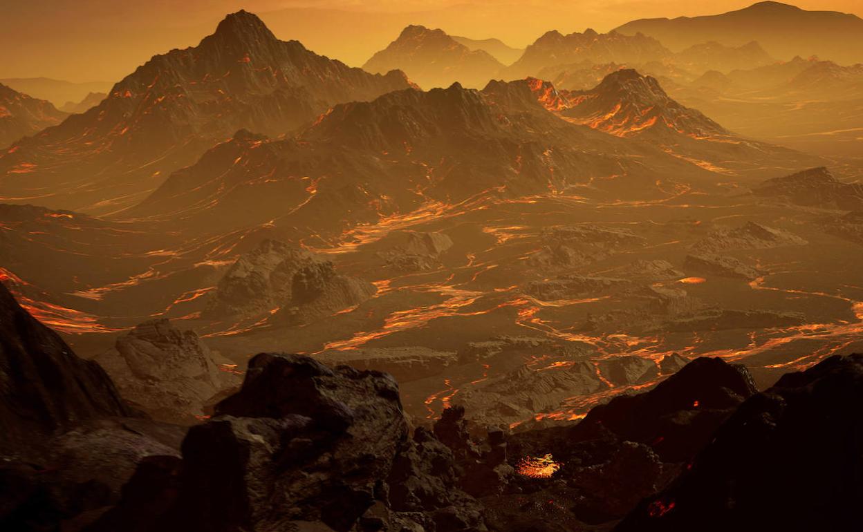 Reproducción artística de la hipotética atmósfera y estructura interna del exoplaneta Gliese 486 b..