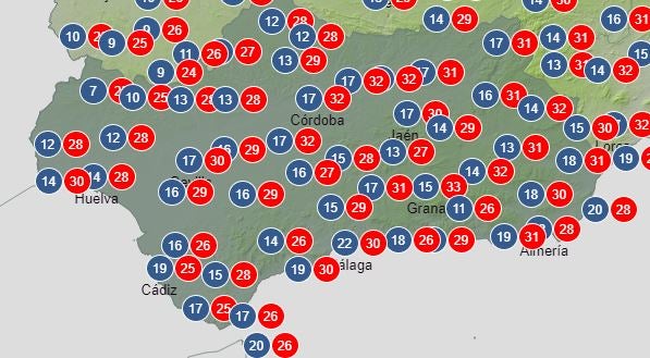 Temperaturas máximas y mínimas para el domingo en Andalucía