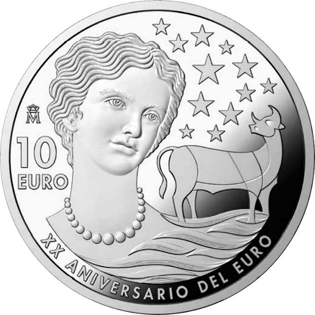 La moneda de 10 euros conmemorativa por el 20º aniversario del Euro.