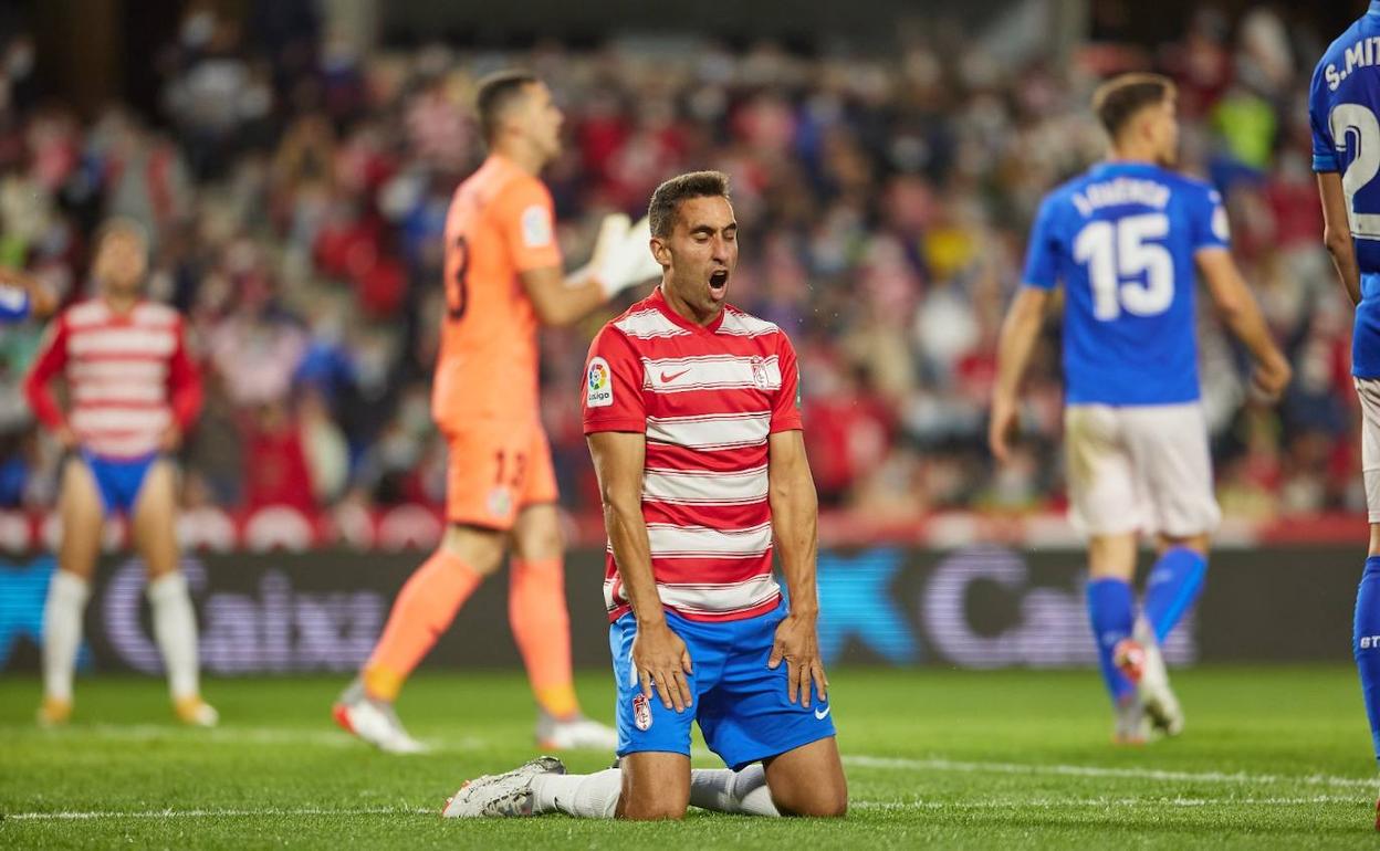 Montoro, arrodillado en Los Cármenes, lamenta un fallo. 