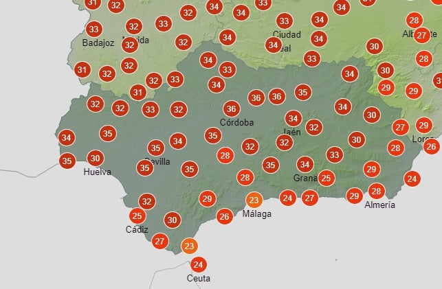 Temperaturas previstas al mediodía de este viernes en Andalucía