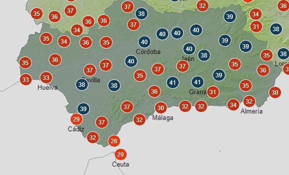 Temperaturas en Andalucía este viernes. 