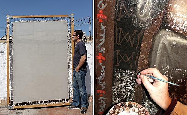 Luna, junto al lienzo nuevo; y un detalle del proceso de restauración 