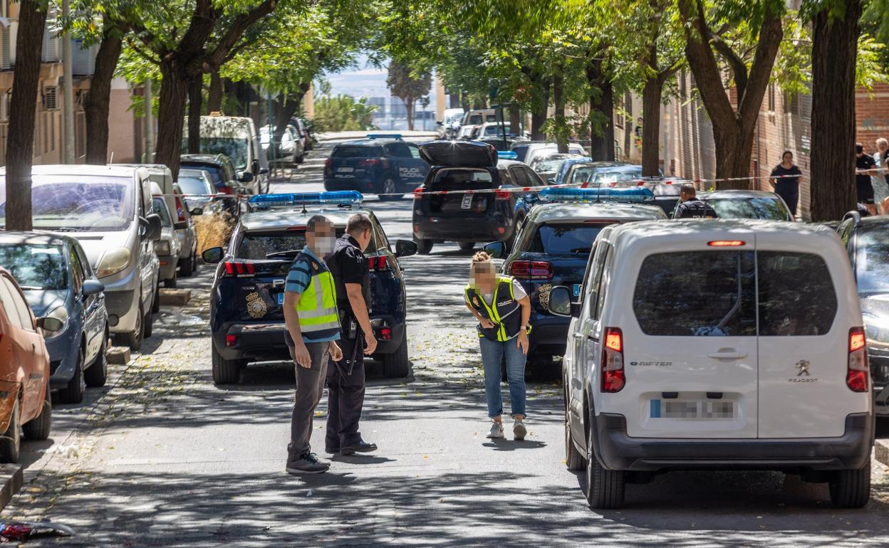 Agentes de la Policía Nacional de Granada inspeccionan la calle en la que ocurrió el suceso.