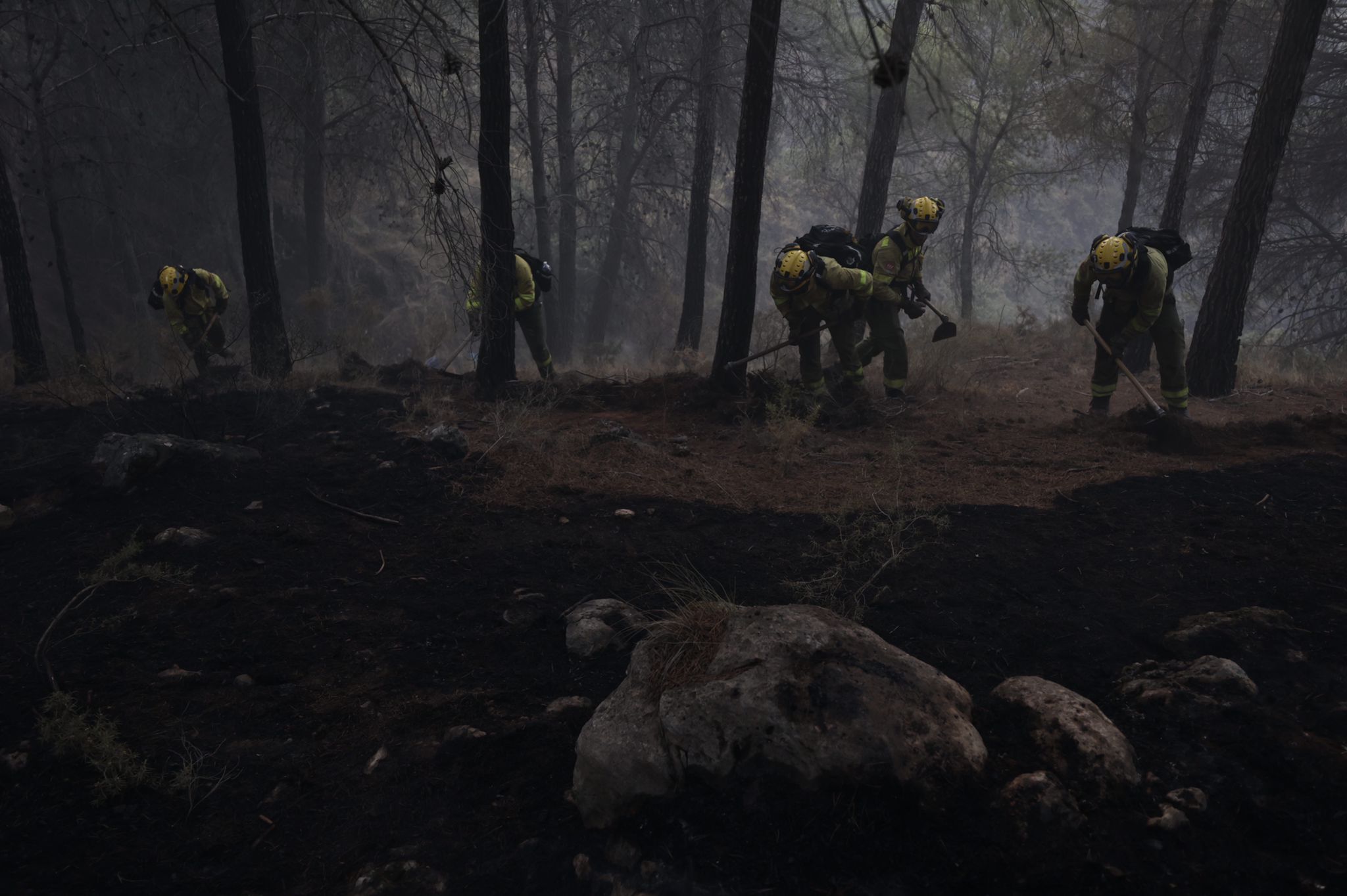 Bomberos terrestres y medios aéreos luchan contra el fuego.