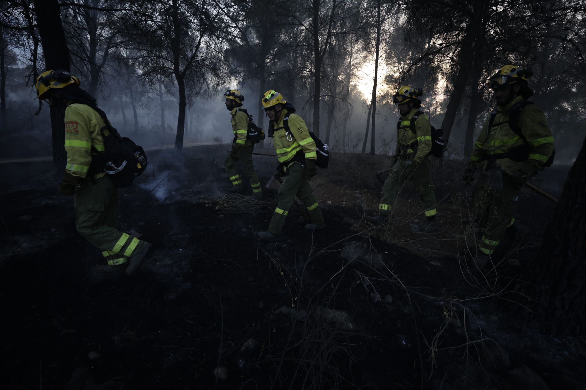 Bomberos terrestres y medios aéreos luchan contra el fuego.