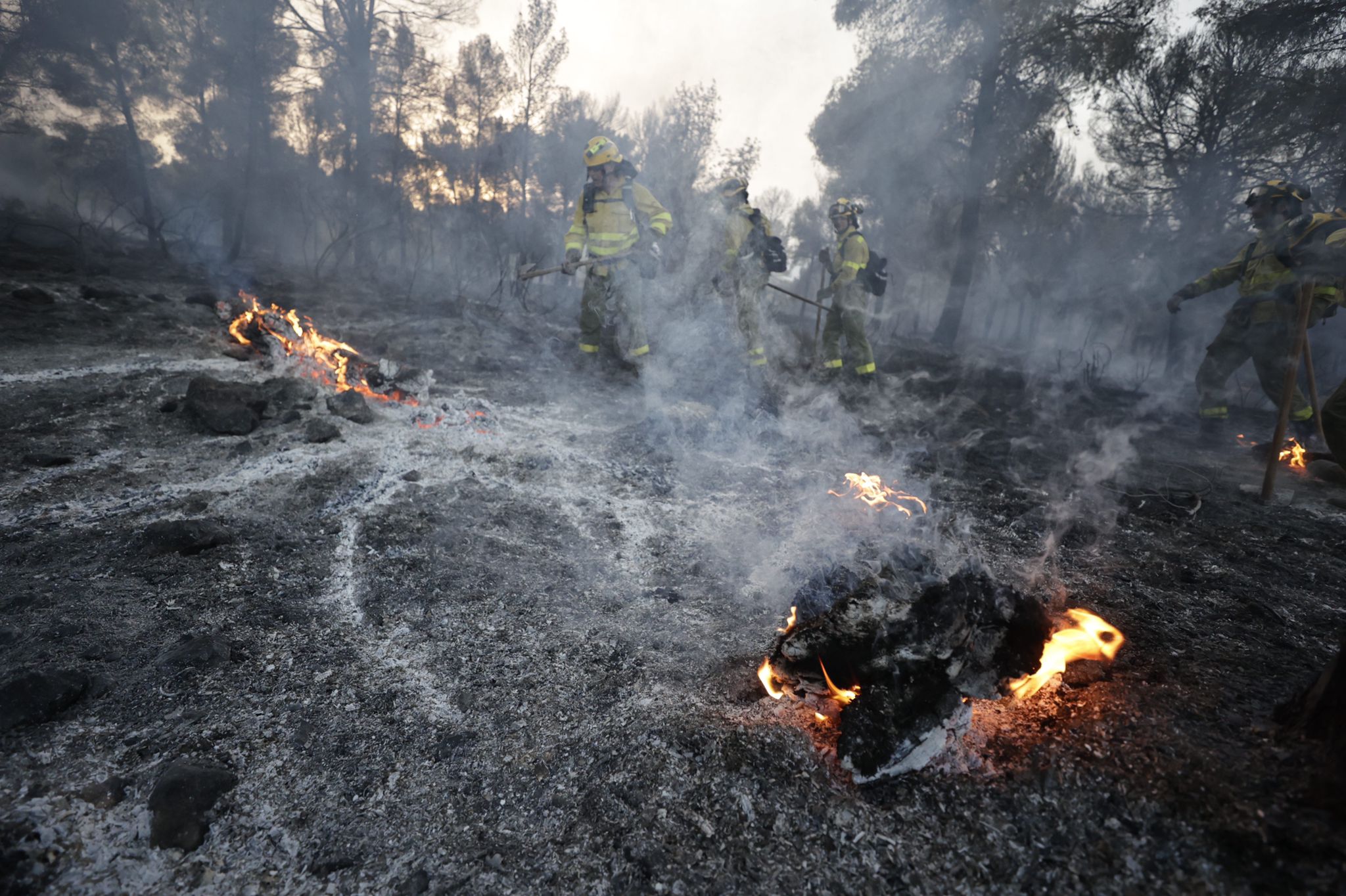 Bomberos terrestres y medios aéreos luchan contra el fuego.