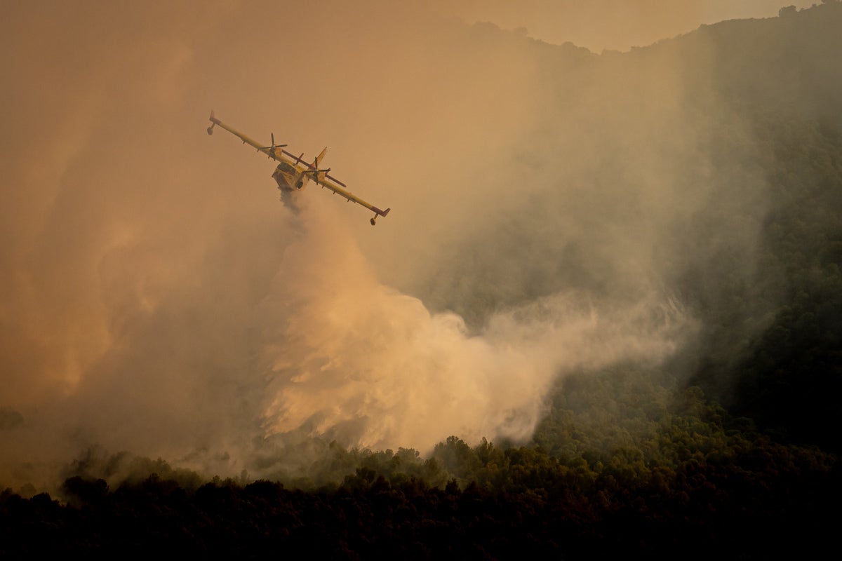 Bomberos terrestres y medios aéreos luchan contra el fuego.