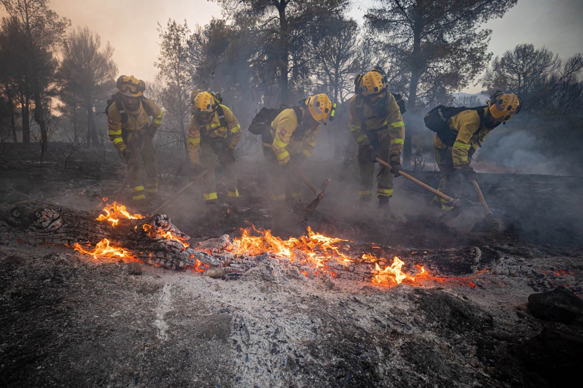 Bomberos terrestres y medios aéreos luchan contra el fuego.