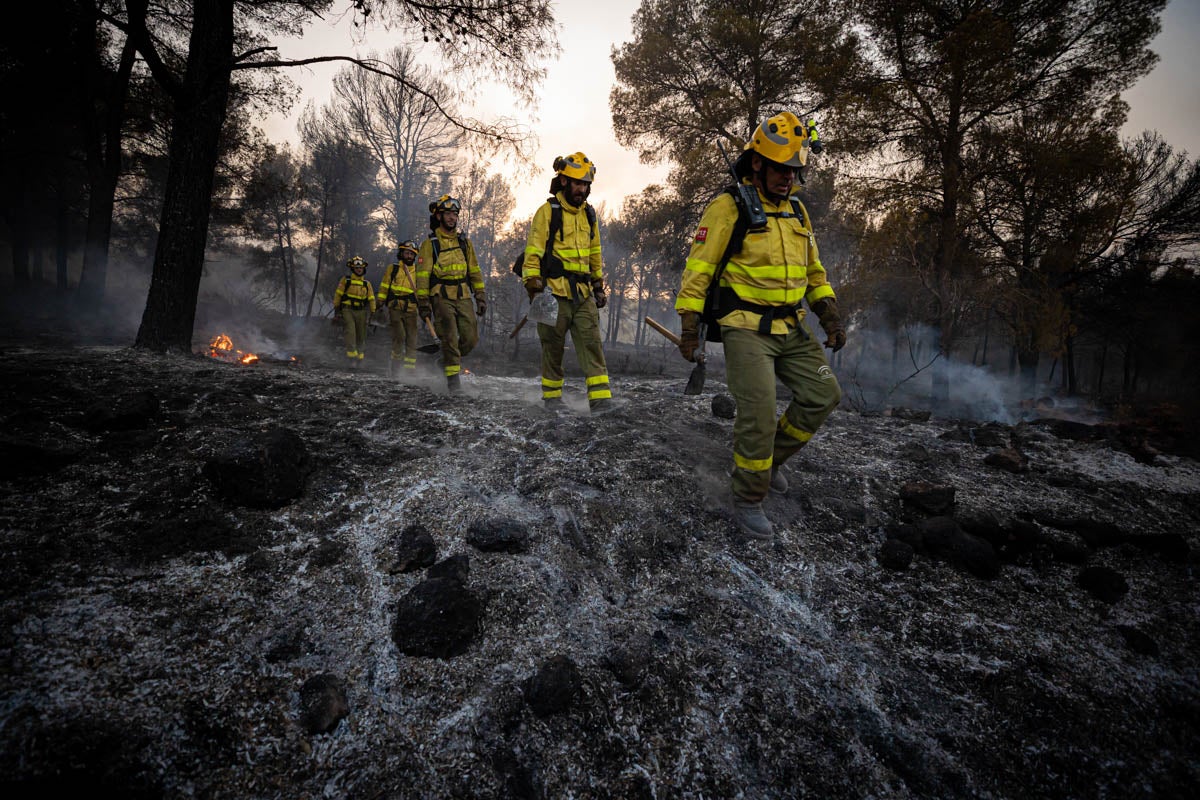 Bomberos terrestres y medios aéreos luchan contra el fuego.