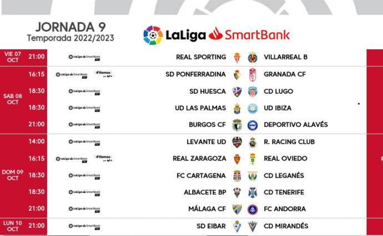 Horarios de la jornada 9 en Segunda. 