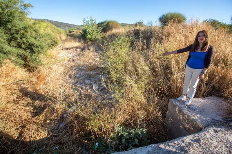 La alcaldesa de Montefrío muestra una zona de Arroyo Milanos donde debería verse un cauce con profundidad y sin embargo está obstruido. 