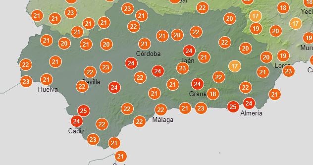 Temperaturas en Andalucía a las 12:00 horas. 