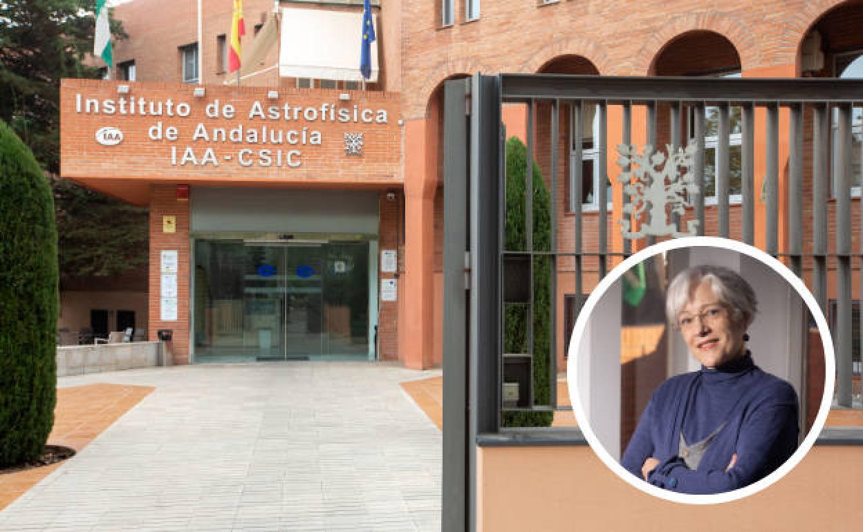 Entrada del Instituto de Astrofísica de Andalucía, en el Camino Bajo de Huétor, con la vicedirectora del centro, Isabel Márquez. 